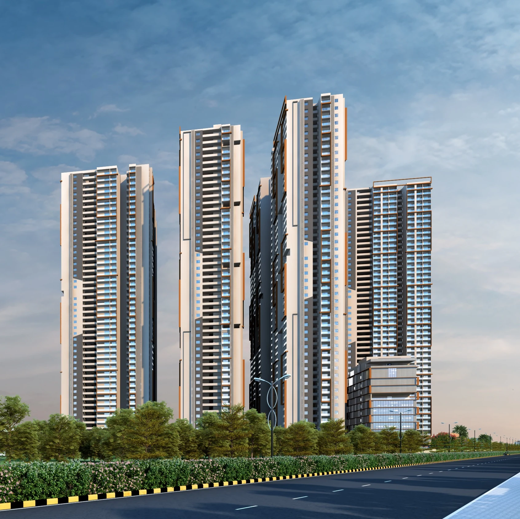 Architectural rendering of Candeur Lakescape towers and clubhouse